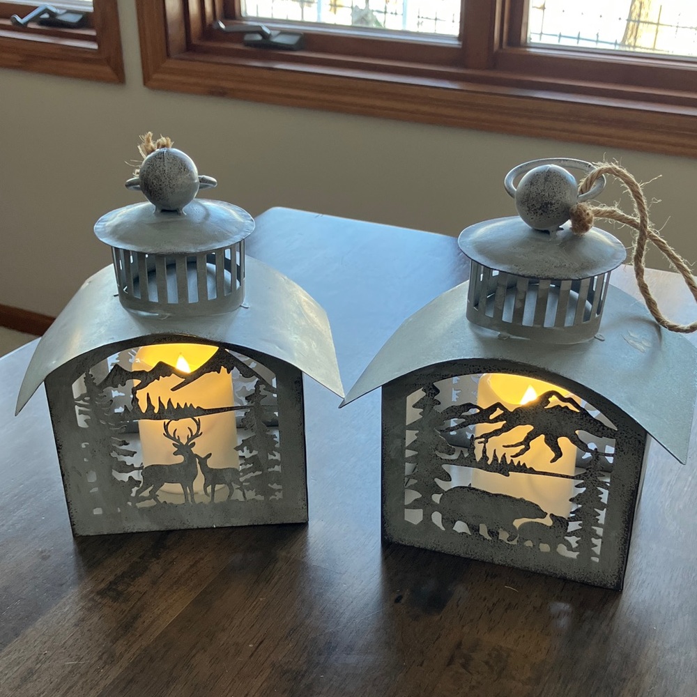 Rustic Gray Metal Lantern with Woodland Cutout - Gray